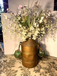 LR/ Large ?copper? Floor Jug With Faux Flowers & 2 Nautical Glass Floats In Rope