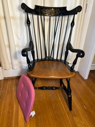 LR/ Hitchcock-Like Stenciled Wood Arm Chair, Two Tone Black & Brown W Gold Trim, Spindle Back