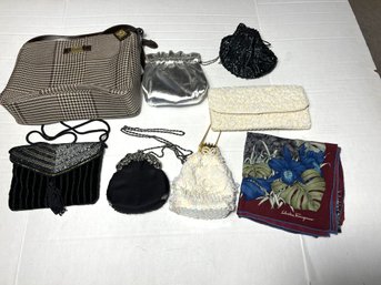 4BR/ Box 8pcs - 7 Vintage Beaded Purses And 1 Salvatore Ferragamo Silk Scarf