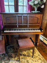 LR/ 2pcs - Lovely Vintage Wood Upright Piano And Wood & Velvet Stool With Song Books