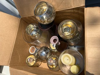 G/ Box W 19 Pc Assorted Candles/Holders - 7 Mercury Glass, 5 Clear Glass, 1 Wood, 2 Ceramic Blue & White Etc