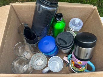 G/ Box 22 Glasses Mugs H2O Bottles - 2 Thermos, 5 H20 Bottles, 5 Mugs, 5 Glasses Etc