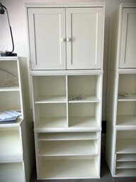 G/ 3 Pcs Pottery Barn Classic 'Cameron' White Wood Storage System - Cubby, 2 Door Cabinet, Bookcase Cubby