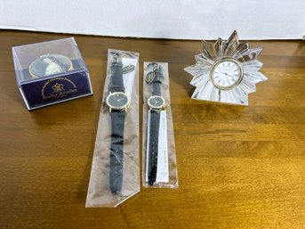 2H/ Bin 4pcs - Waterford Clock, German Painted Trinket Box, 2 Black Watches W Genuine Diamonds