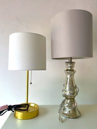 G/ 2 Table Lamps - Gold Colored Lamp Pull Switch Natural Shade, Mercury Glass Lamp Blush Pink Shade