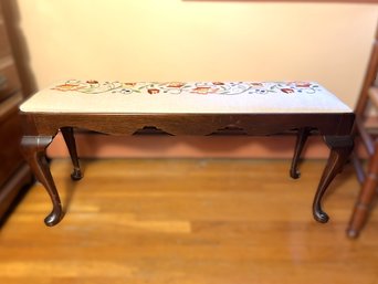 2D/ Stunning Queen Anne Style Wood Bench With Crewel Embroidered Seat - Madison Square Furniture