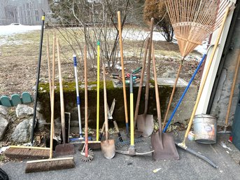 G/ 30plus - Garden Tools Plus Lot: Brooms, Buckets, Shovels, Scrapers, Squeegees, Rakes Etc