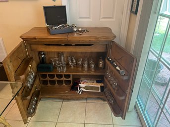 K/ Rolling Wood Faux Distressed Bar Cart Cabinet W All Contents: Gold Rimmed Glasses, Jiggers, Muddlers Etc