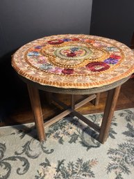 LR/ 3pcs - Gorgeous Hammered Metal & Wood Accent Table With Needlepoint And Glass Overlay