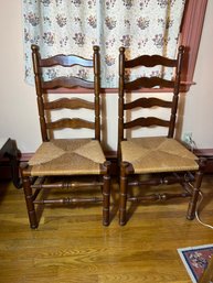 2D/ 2 Handsome Vintage Ladder Back Wood Chairs With Rush Seats