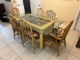 K/ 7pcs - Contemporary Rattan And Glass Dining Table And 6 Henry Link Chairs