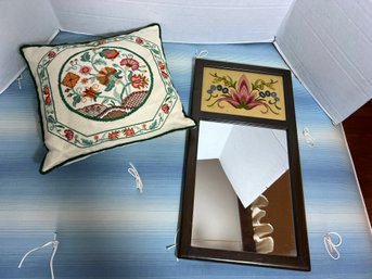 2D/ 2 Beautifully Hand Stitched Accent Pieces - Mirror And Pillow