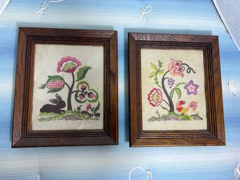 2D/ 2 Charming Flora And Fauna Wood Framed Crewel Embroidery Scenes Under Glass