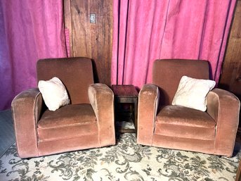 LR/ 3pcs - Pair Of Vintage Brownish Pink Velvet Low Arm Chairs And Small Carved Wood Table