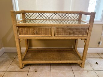 K/ Henry Link Rattan Wicker Credenza Table With 2 Drawers, Glass Top And Bottom Shelf