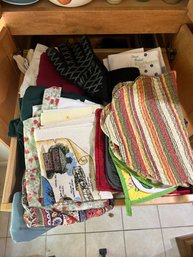 K/ Drawer - Vintage And New Assorted Kitchen Linens: Towels, Aprons, Potholders, Mitts Etc