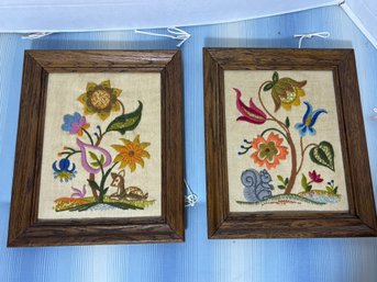 2D/ 2 Delightful Wood Framed Flora And Fauna Crewel Embroidery Pieces - No Glass