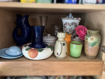 K/ Shelf 14pcs - Assorted Vases, Vintage And New: Roseville, Wade Ceramics, Hallmark, Claire Burke Etc