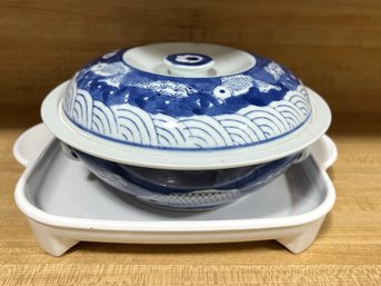 K/ 2 Pc - Chinese Blue & White Coy Fish Motif Bowl W Lid & White Footed Square Ceramic Serve Plate