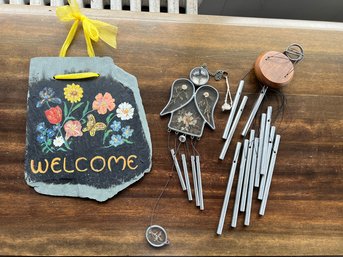 P/ 3 Items: 2 Hanging Musical Wind Chimes And 1 Slate Welcome Sign