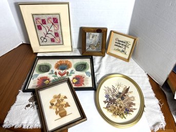 DR/ 6pcs - Assorted International Wall Art: Dried Floral, Paper, Stitchery, Marquetry Etc