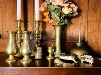 LR/ 11pcs - Beautiful Assortment Of Brass: Candleholders, Vases, Tiny Mouse Etc