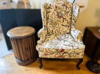 LR/ MCM Round Wood Side Table And Knob Creek Beautifully Embroidered Armchair