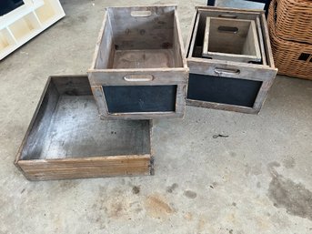 G/ 5 Pcs Wood Storage - 1 Low Square Box, 4 Nesting Crates W Handles & A Chalkboard Side