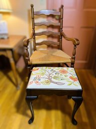 2D/ 2pcs - Lovely Crewel Embroidered Queens Anne Stool And Rush Seat Ladder Back Arm Chair