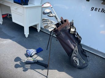 SH/ Callaway Golf Bag W 3 Wood (Ping, Taylor Made, Big Bertha) & 9 Iron Clubs (big Bertha & 1 Snake Eyes)