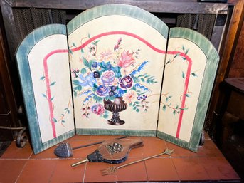 LR/ 4pcs - Fireplace Lot: Wood Painted Draft Screen, Bellows, 2 Tools