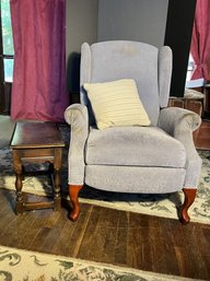 LR/ 2pcs - Blue Upholstered Recliner And Small Carved Wood Table