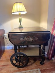 LR/ 2pcs - Wood Stenciled Rolling Tea Cart And Vintage Brass Onyx/Alabaster Lamp