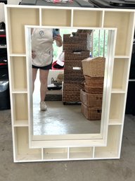 G/ Pottery Barn Teen Large White Pinboard Display Mirror - Fabric Shelves Surrounding Center Mirror