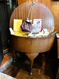 LR/ Vintage Antique Wood And Satin Lined Half Moon Shape Sewing Storage Table