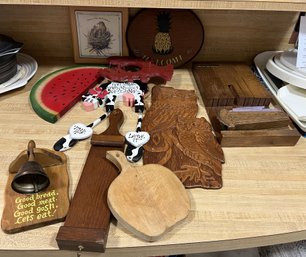 K/10 Vntg Wood Wall Decor - Owls, Cow, Apple, Bell, Forgecraft Knife Holder, Lobster, Welcome, Watermelon Etc