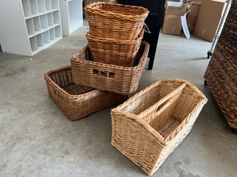 G/ 5 Pcs Basket Lot - Wicker 2 Section Magazine Holder And 2 Pairs Of Baskets