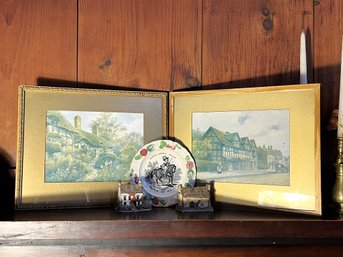 LR/ 5pcs - British Bundle:  2 Cottages - David Winter & Lilliput Lane, 2 Framed Art, 1 Plate