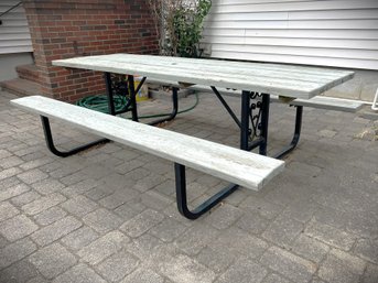 BY/ 1 Pc Large Outdoor Wood & Metal Frame Picnic Table W Attached Benches & Center Umbrella Hole