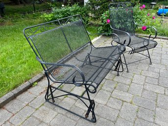 BY/ 2 Pcs Vintage Outdoor Patio - Blk Metal/Iron Mesh Spring Arm Chair & Glider Love Seat - Scrolls & Flowers