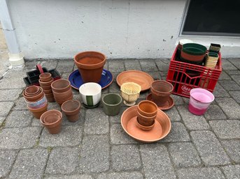 BY/ Assorted Flower Pot & Tray Lot - Terra Cotta, Italy, Glazed, Plastic, Small, Medium, Large Etc