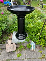 BY/ 3 Pcs - Black Glazed Pedestal Birdbath, Angel W Bird & Virgin Mary Grotto Lawn Ornaments