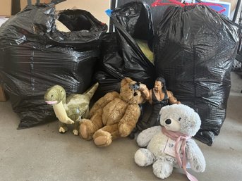 G/ 3 Bags Asstd Stuffed Animals Figures - Microwavable Bear By Warmies, VT Teddy, WWE Undertaker Figure Etc