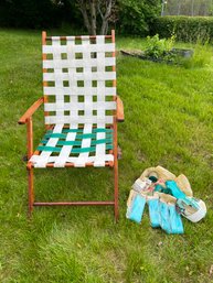 SH/ 2 Pcs - Vintage Wood Webbed Folding Lawn Deck Chair W Bag Of Extra Replacement Webbing