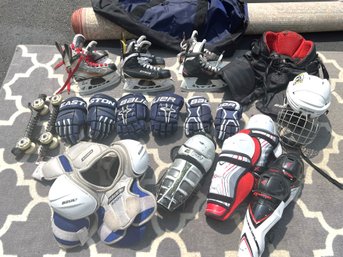 SH/ LL Bean Duffle Bag Asstd Hockey Gear Easton Bauer CCM - 3 Skates Sz 2.5 3.5 5.5, 3 Gloves, 3 Shin Pads Etc