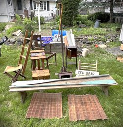 SH/18 Pcs Vntg Wood - Breto Cheese Azores & SOS Cantaloupes Crates, Chair Frame, 2 Oars, Signs, Coat Tree Etc