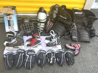 SH/ Box Asstd Youth Hockey Gear Bauer CCM -2 Pants, 2 Shin Pads, 3 Skates Y10 Y12 2, 2 Skate Guards, Helmet...