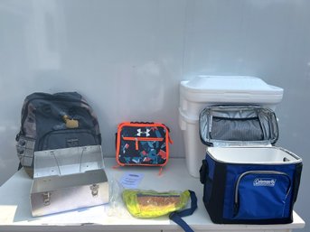 SH/ Box 7 Coolers & Bags -retro Metal Lunch Box, 2 Styrofoam Coolers, Minecraft Back Pack, Coleman Cooler Etc