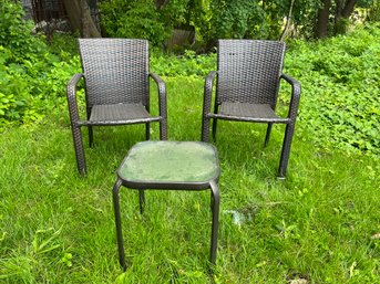 SH/ 3 Pcs - 2 Brown Resin Wicker Outdoor Deck Arm Chairs & 1 Tempered Glass Small Square Side Table