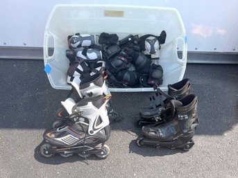 SH/ Large Plastic Bin Rollerblades & Assorted Pads - Size Mens 11 & Size ??